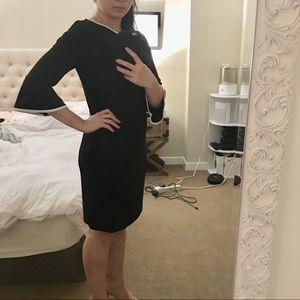 NWT Black dress with white piping, fluted sleeve